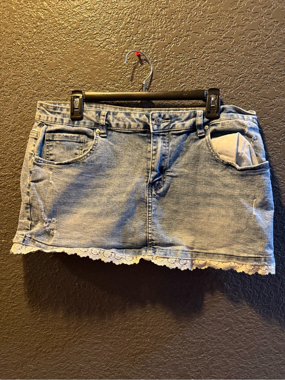 Madden Girl Light Blue Denim Mini Skirt with Lace Hem